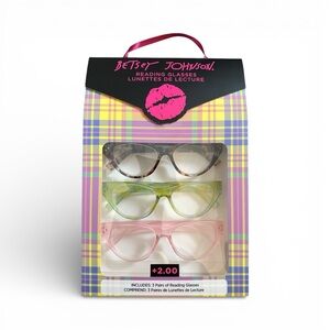 3 pair Betsey Johnson Reading Glasses pastel Cat Eye Pink,Green, Tortoise Shell
